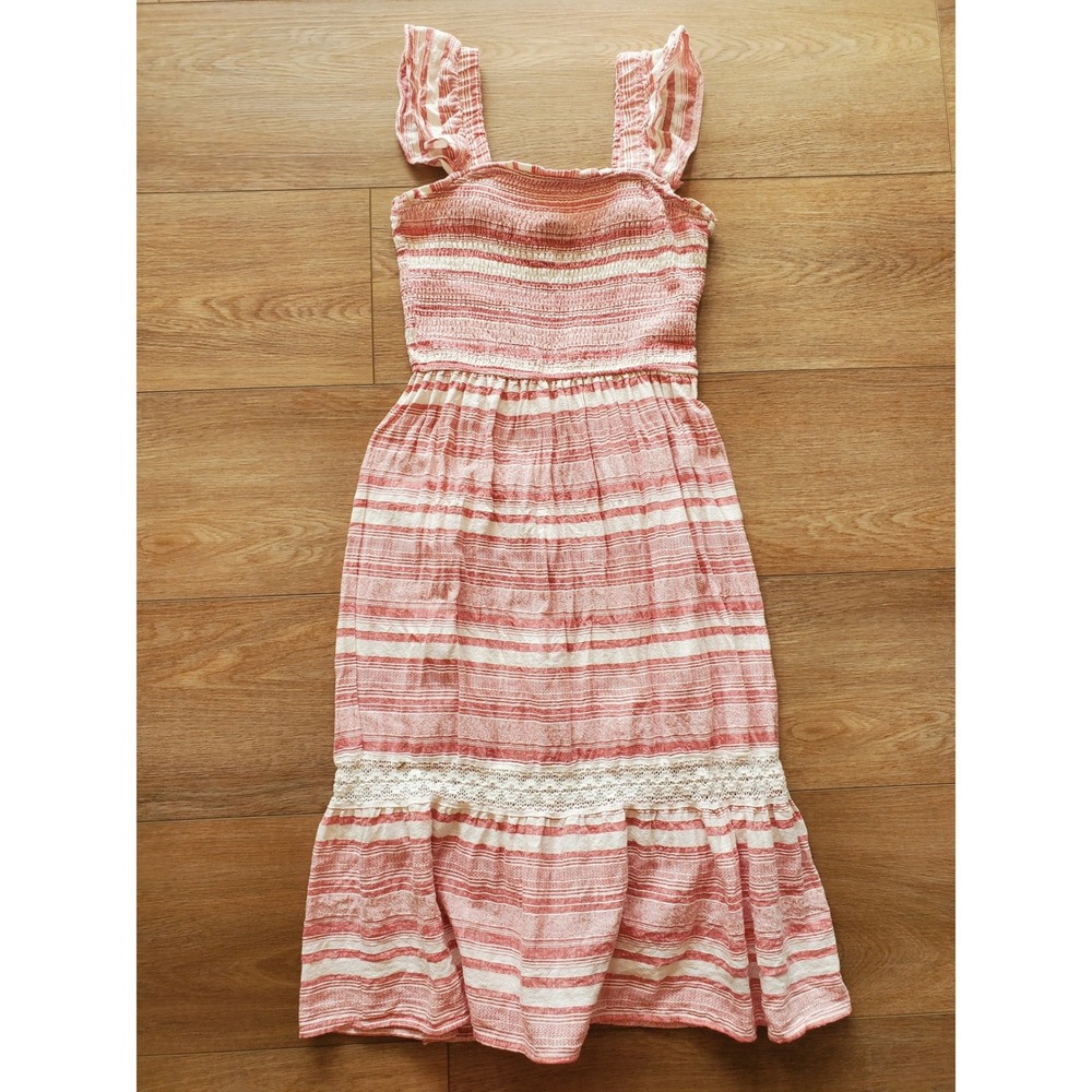 Speed Limit MPH Striped Smocked Midi Dress Boho Crochet Lace, Medium